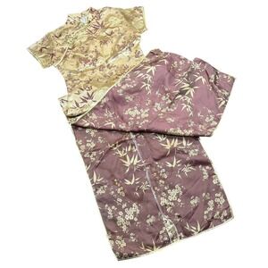 Unbranded Cheongsam Qipao Womens Size M Gold Burgundy Floral Bamboo Maxi Formal